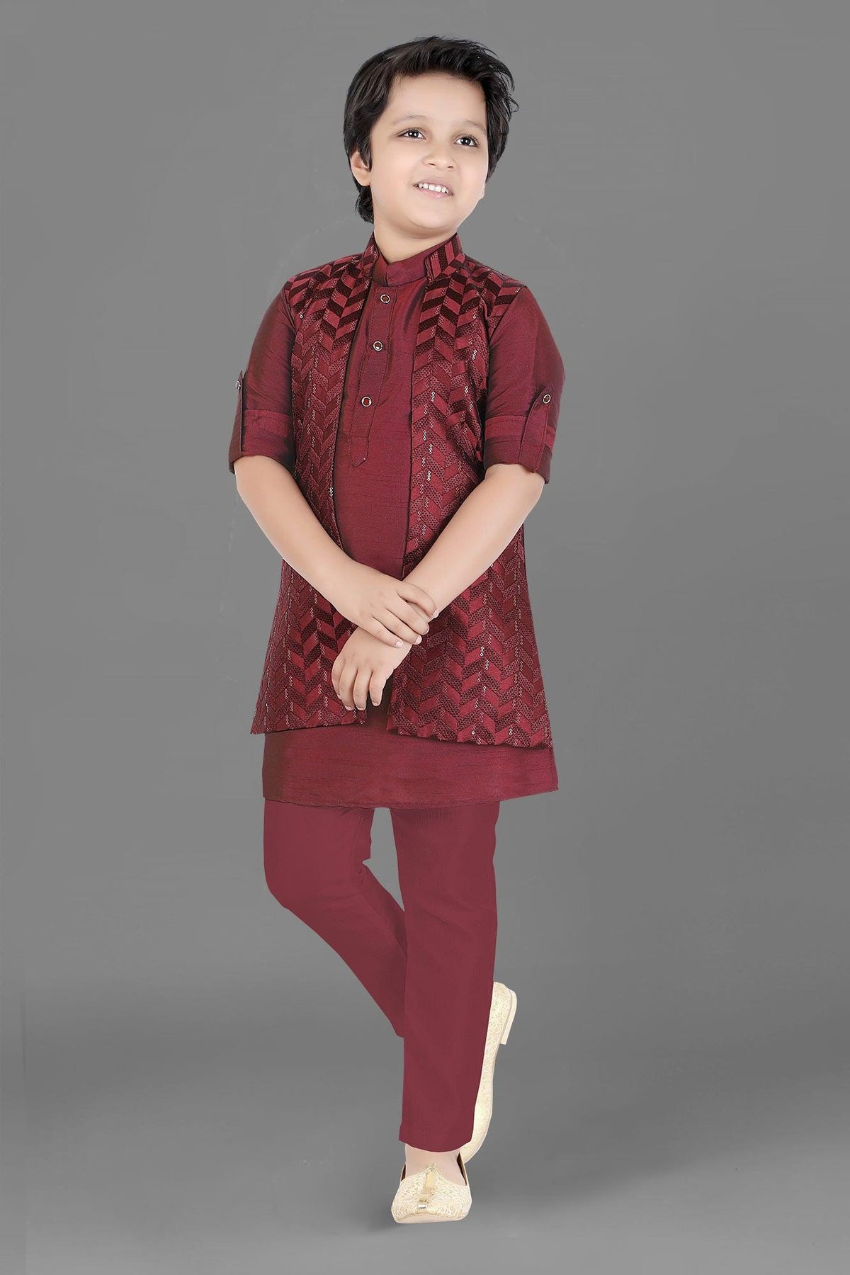 Maroon Mirror work Kurta Pajama Jacket Set - Lagorii Kids