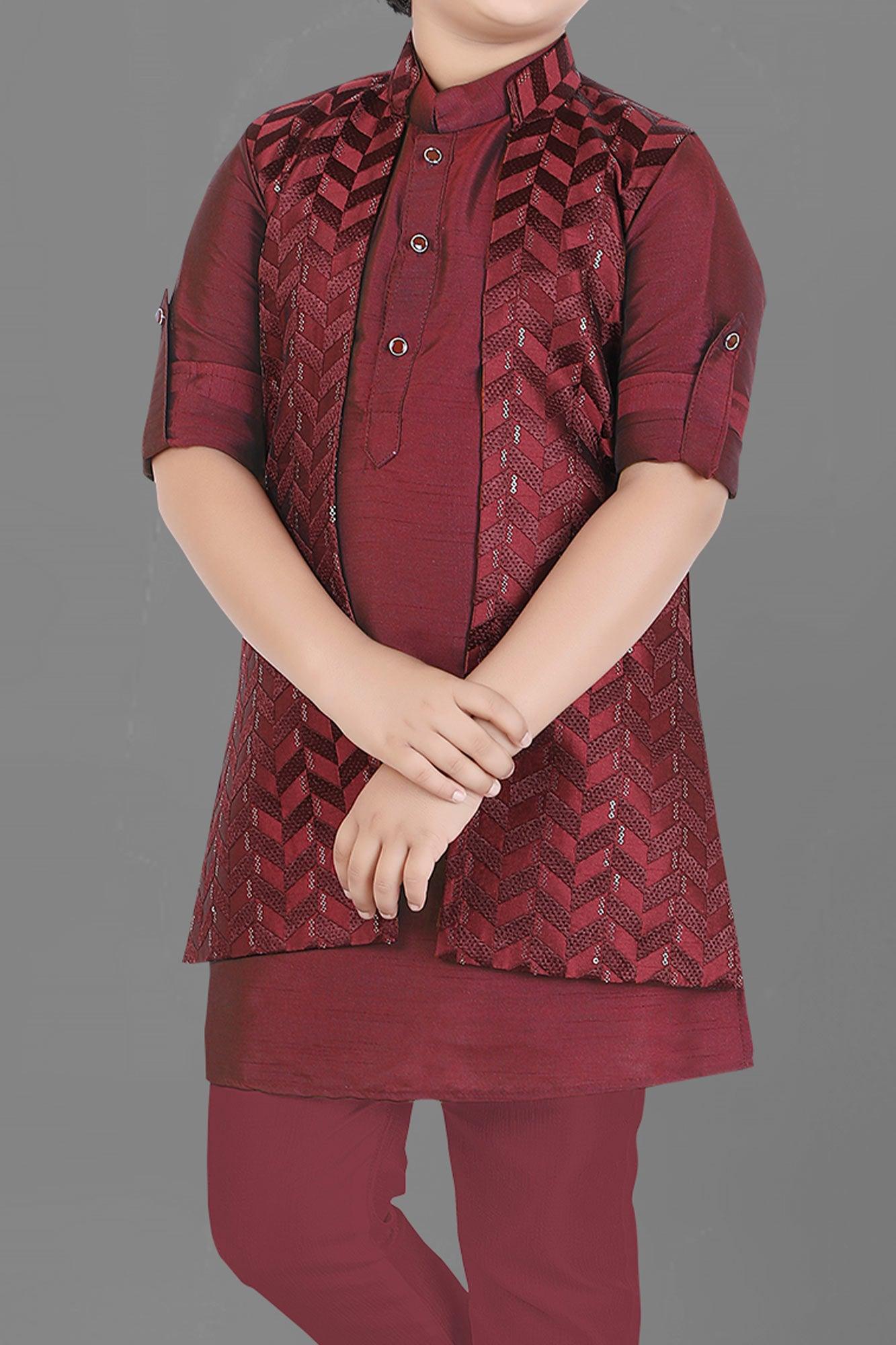 Maroon Mirror work Kurta Pajama Jacket Set - Lagorii Kids