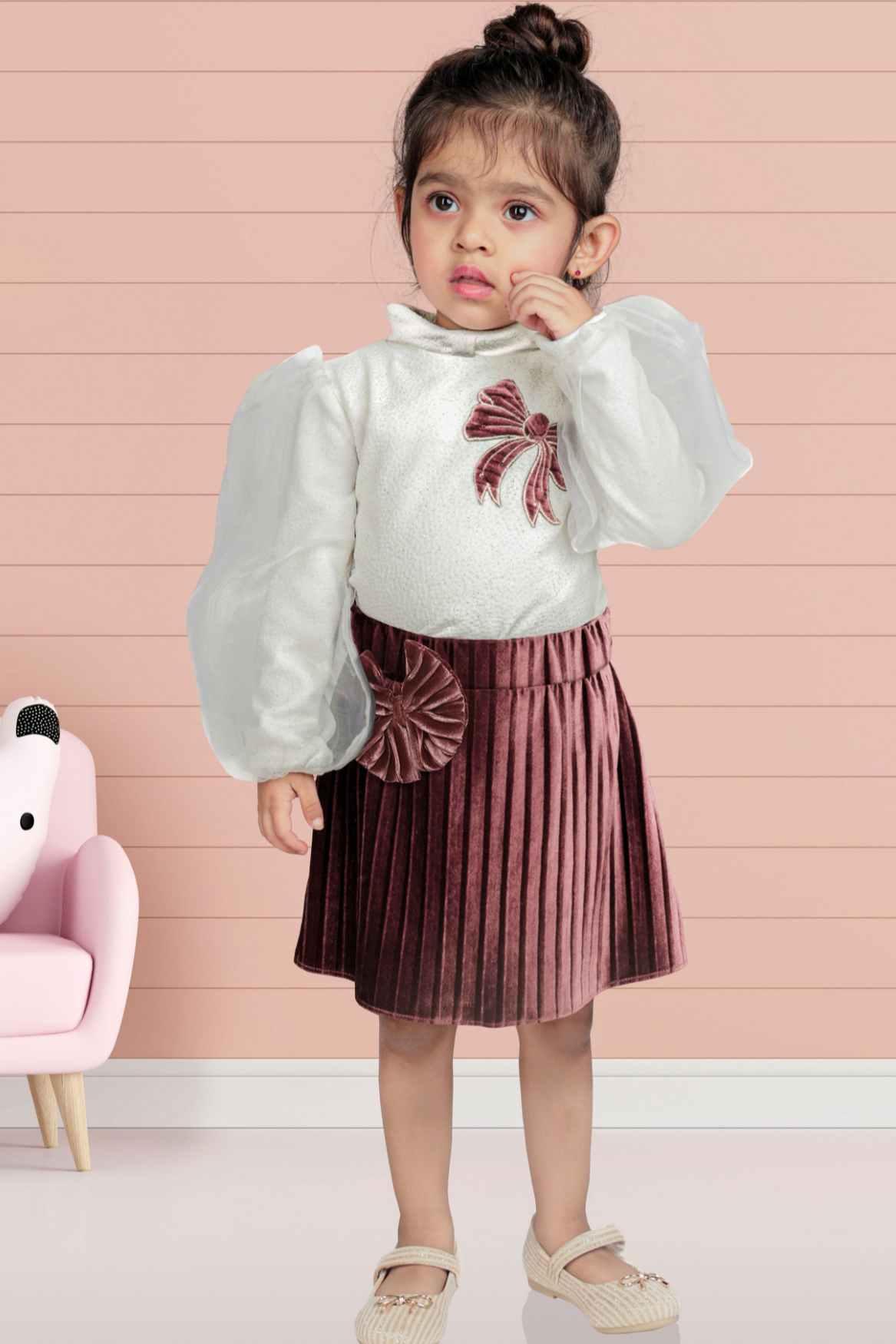 Maroon Pleated Skirt Set With White Top With Bulgarian Sleeves For Girls - Lagorii Kids
