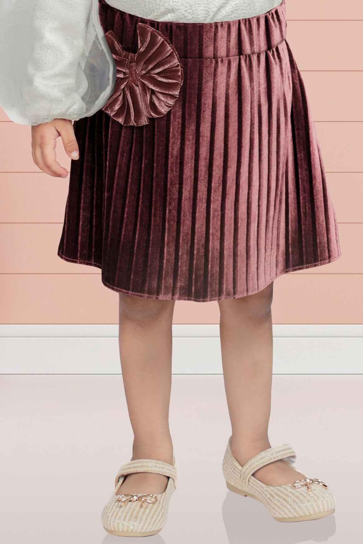 Maroon Pleated Skirt Set With White Top With Bulgarian Sleeves For Girls - Lagorii Kids