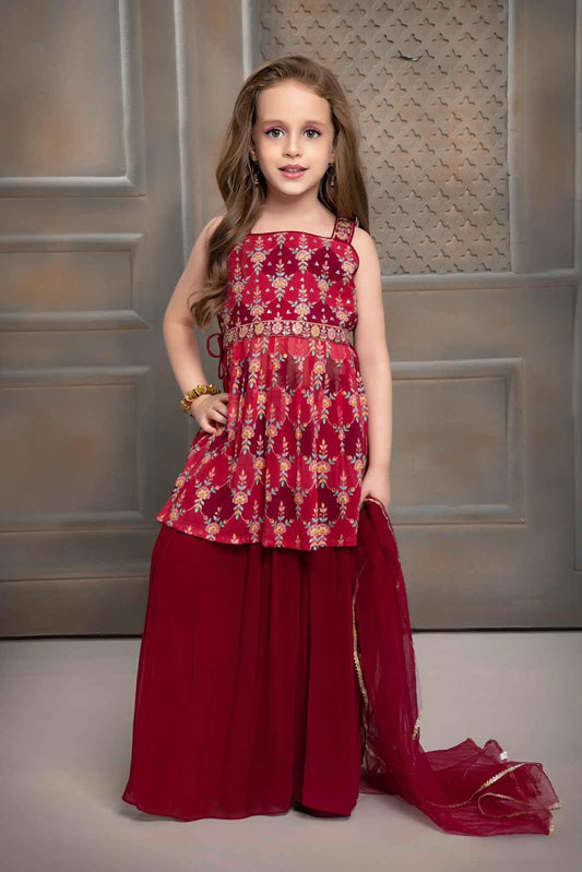Maroon Sharara Set With Floral Embroidery For Girls - Lagorii Kids