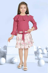 Maroon Top With Ruffled Sleeves With Floral Printed Cream Skirt Set For Girls - Lagorii Kids