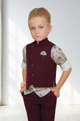 Maroon Waist Coat Set with Printed Shirt For Boys - Lagorii Kids