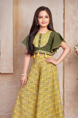 Mehendi Green Crop Top & Mustard Yellow Printed Palazzo Set for Girls. - Lagorii Kids