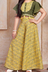 Mehendi Green Crop Top & Mustard Yellow Printed Palazzo Set for Girls. - Lagorii Kids