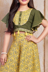 Mehendi Green Crop Top & Mustard Yellow Printed Palazzo Set for Girls. - Lagorii Kids