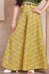 Mehendi Green Crop Top & Mustard Yellow Printed Palazzo Set for Girls. - Lagorii Kids