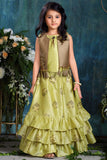 Metallic Green Elegance: Girls' Top, Skirt, and Sleeveless Coat Set - Lagorii Kids