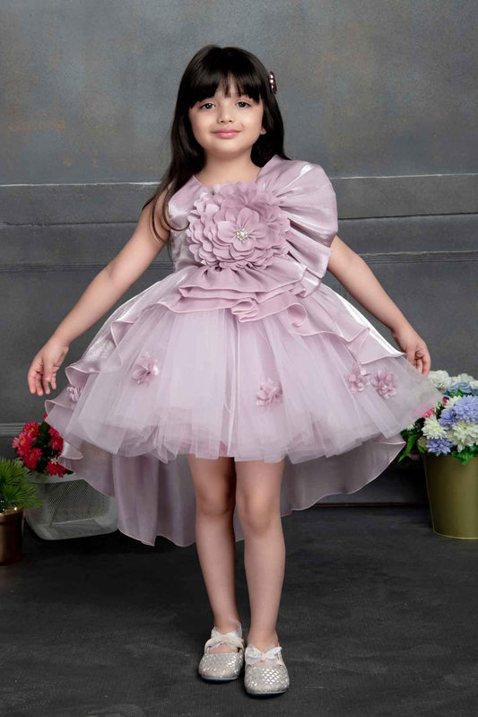 Misty Mauve High Low Partywear Frock With Floral Embellishments For Girls - Lagorii Kids