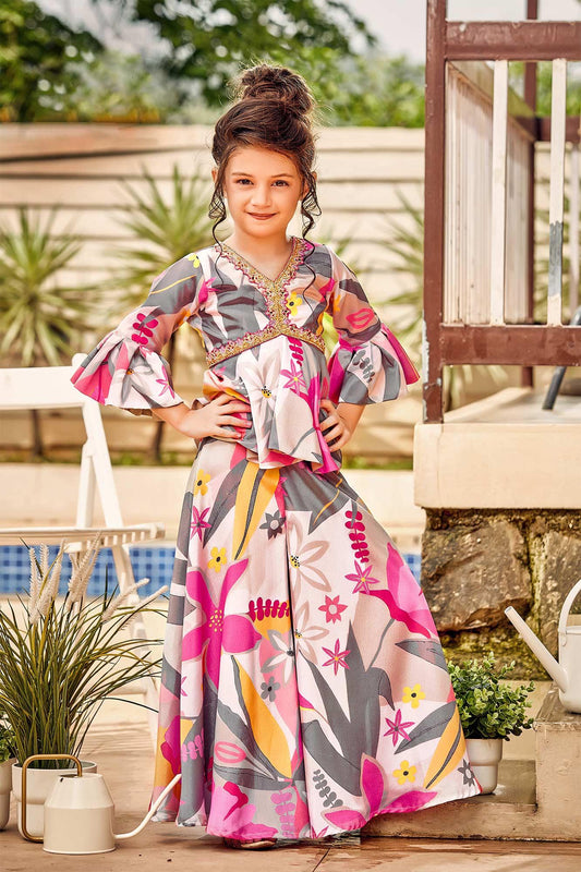 Multi-colored floral palazzo set with a stylish alia cut top for girls. - Lagorii Kids