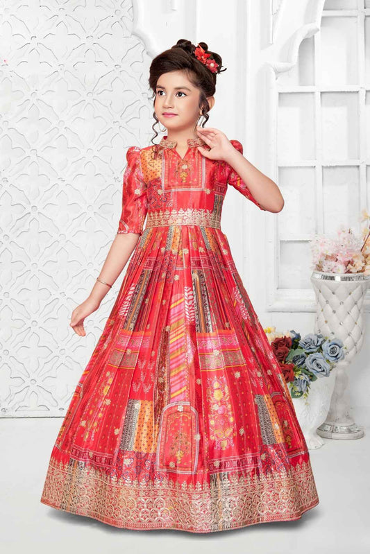 Multicolor Ethnic Gown With Gold Foil Print For Girls - Lagorii Kids