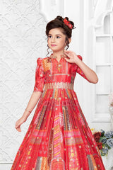 Multicolor Ethnic Gown With Gold Foil Print For Girls - Lagorii Kids