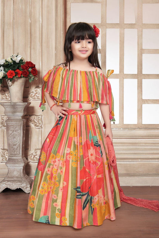 Multicolor Floral Printed Set With Broad Neck Top For Girls - Lagorii Kids