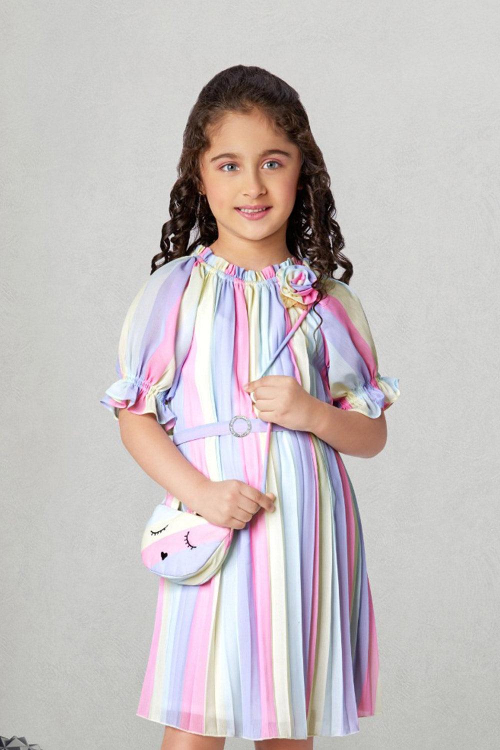 Multicolor Striped puff sleeves frock for girls. - Lagorii Kids