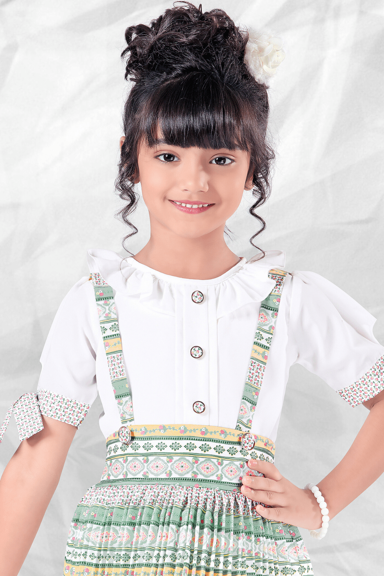 Multicolour Ajrakh Printed Dungree Set With White Shirt For Girls - Lagorii Kids