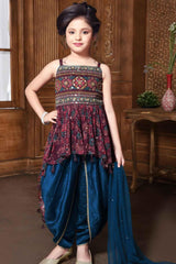 Multicolour Ajrakh Printed Peplum Top With Teal Blue Dhoti Style Pant For Girls - Lagorii Kids