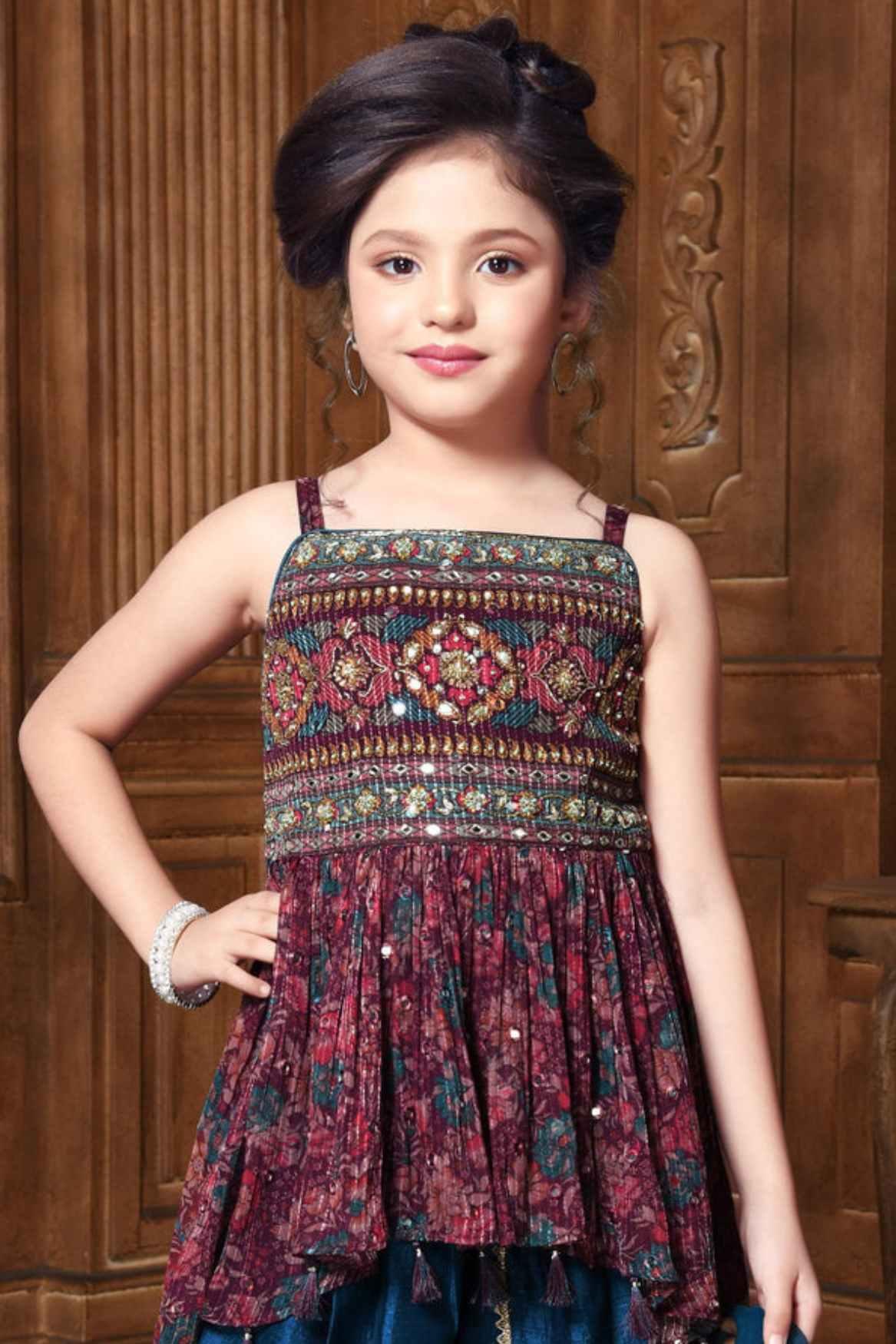 Multicolour Ajrakh Printed Peplum Top With Teal Blue Dhoti Style Pant For Girls - Lagorii Kids