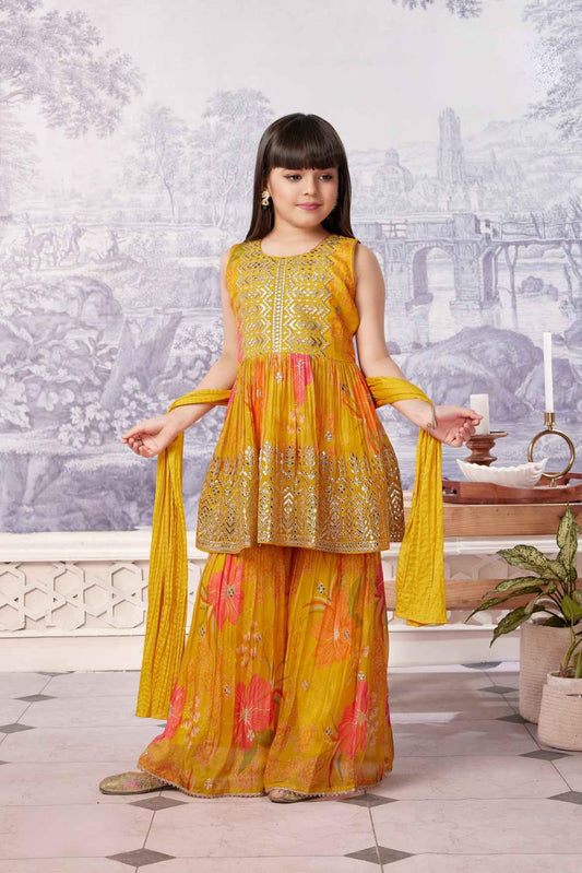 Mustard Aliya Cut Sharara Set With Embroidery For Girls - Lagorii Kids