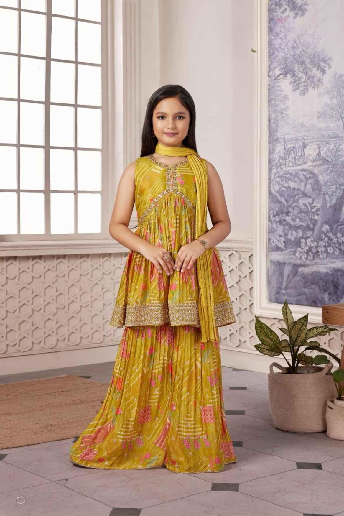 Mustard Aliya Cut Sharara Set With Sequin Work For Girls - Lagorii Kids