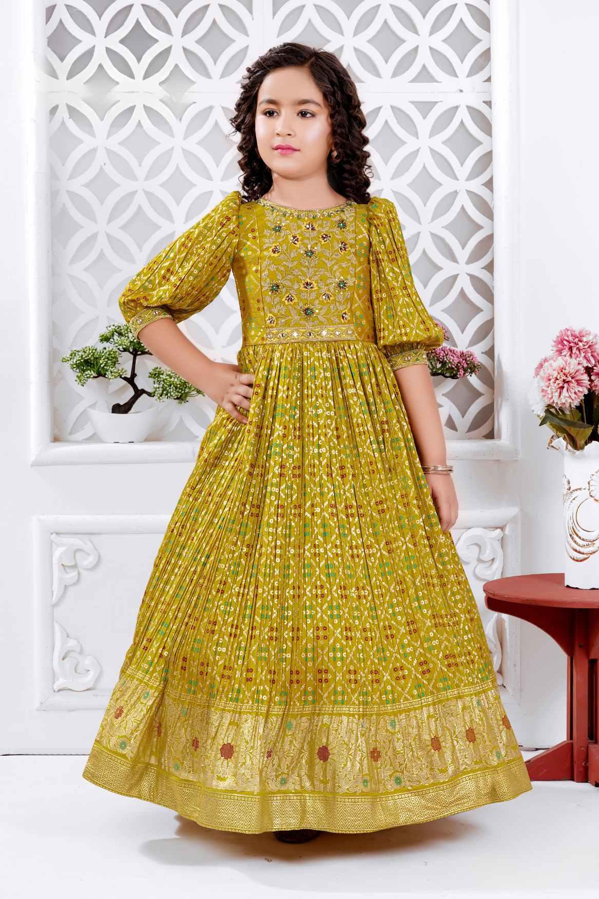 Mustard Bandhani Printed Gown For Girls - Lagorii Kids
