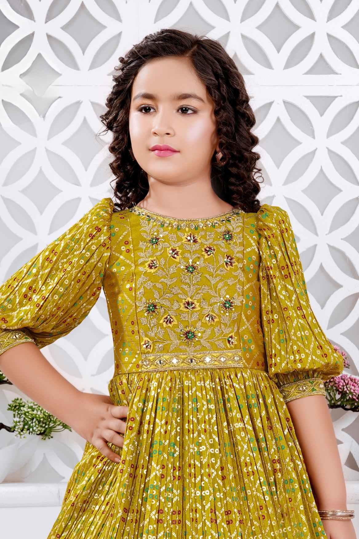Mustard Bandhani Printed Gown For Girls - Lagorii Kids