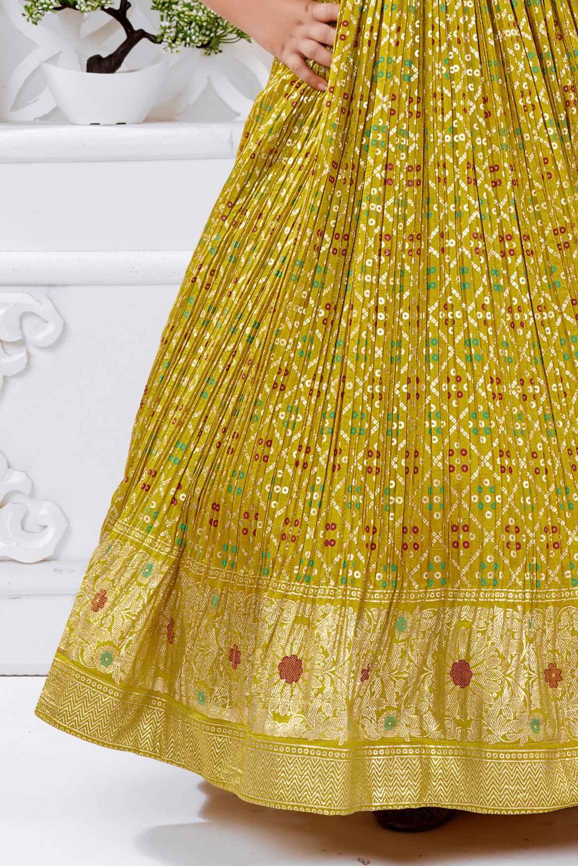 Mustard Bandhani Printed Gown For Girls - Lagorii Kids