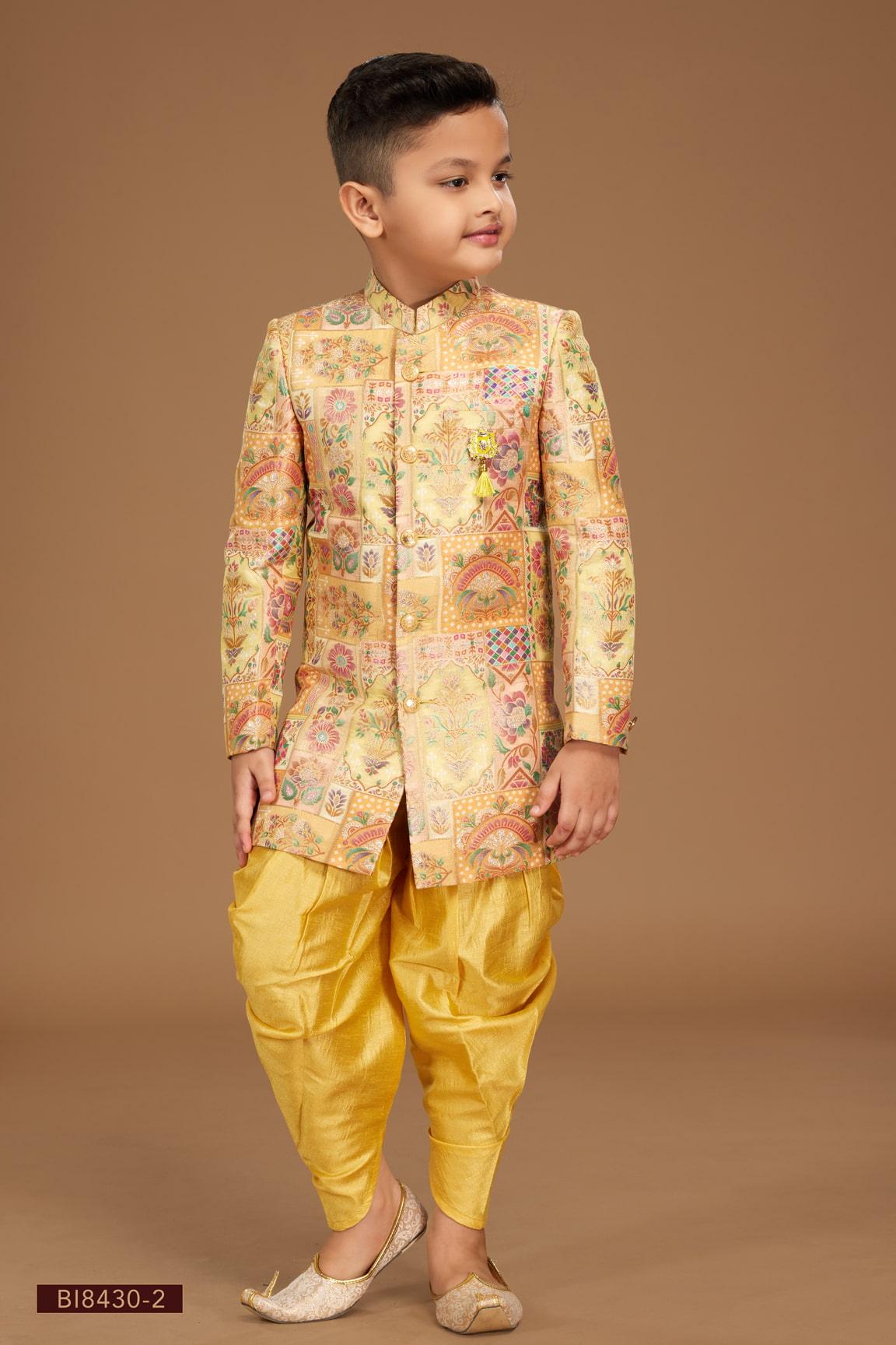 Mustard Colour Printed Sherwani Set For Boys - Lagorii Kids