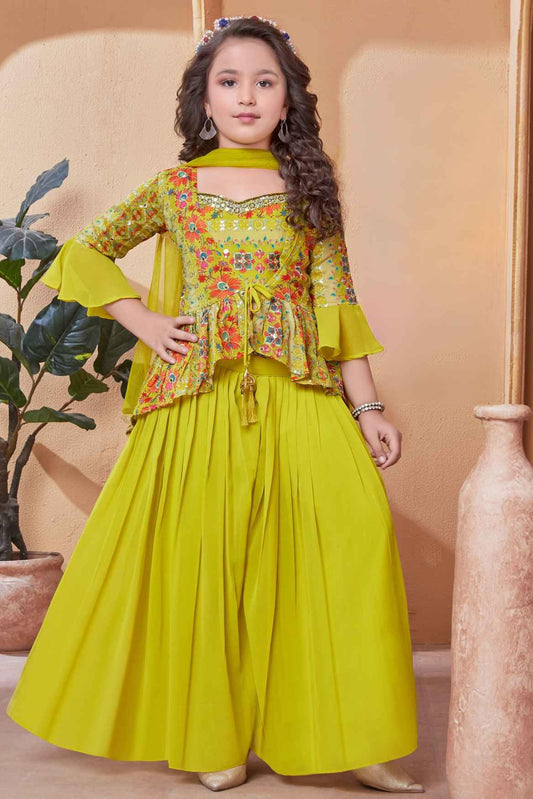 Mustard Palazzo Set With Floral Embroidery Work For Girls - Lagorii Kids