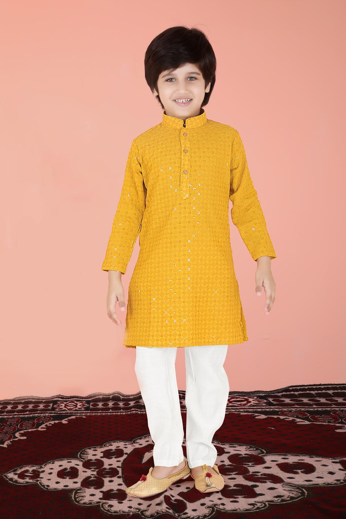 Mustard Color Chikankari Kurta Set For Boys - Lagorii Kids