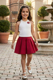 White Halter Top And Red Pleated Skirt Co-ord Set For Girls