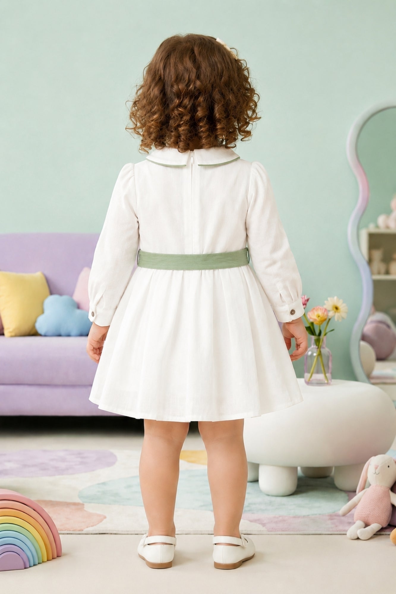 Girls White Dress with Sage Green Bow
