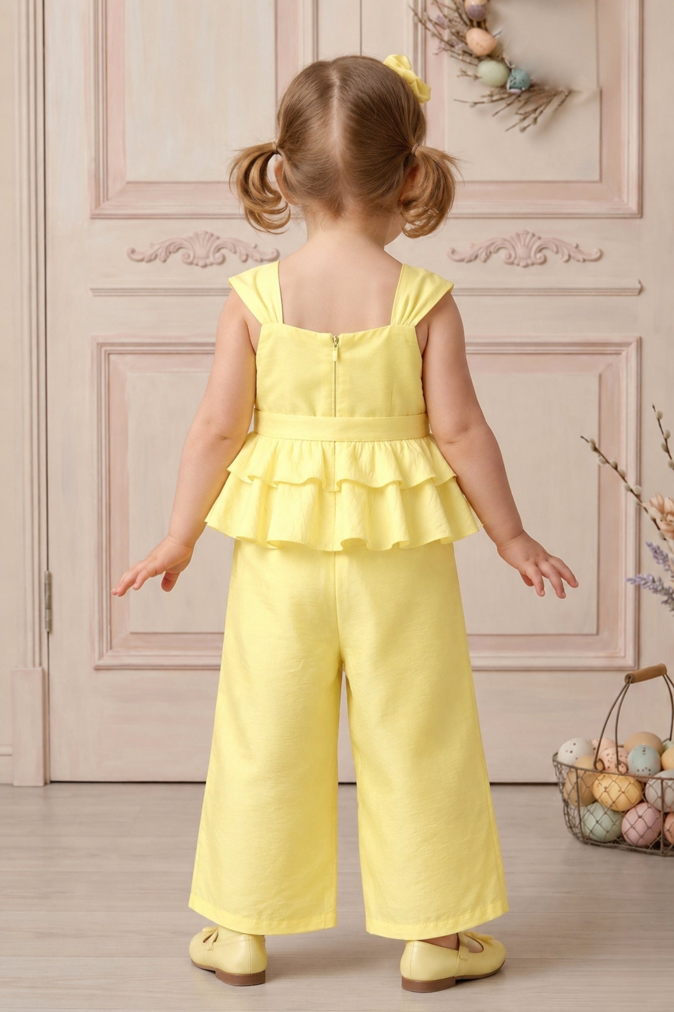 Girls Yellow Embroidered Peplum Top with Palazzo Pants Co Ord Set