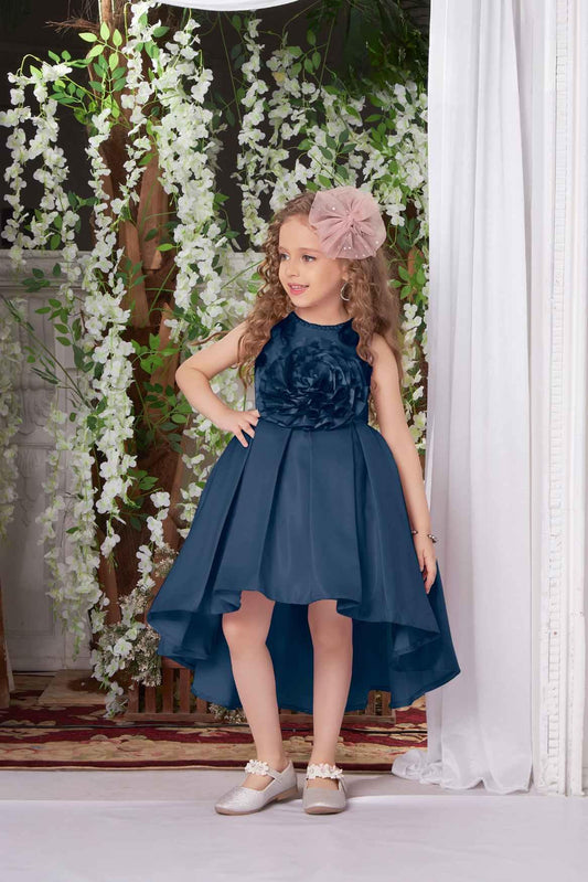 Navy Blue Frock With Floral Embellishment For Girls - Lagorii Kids