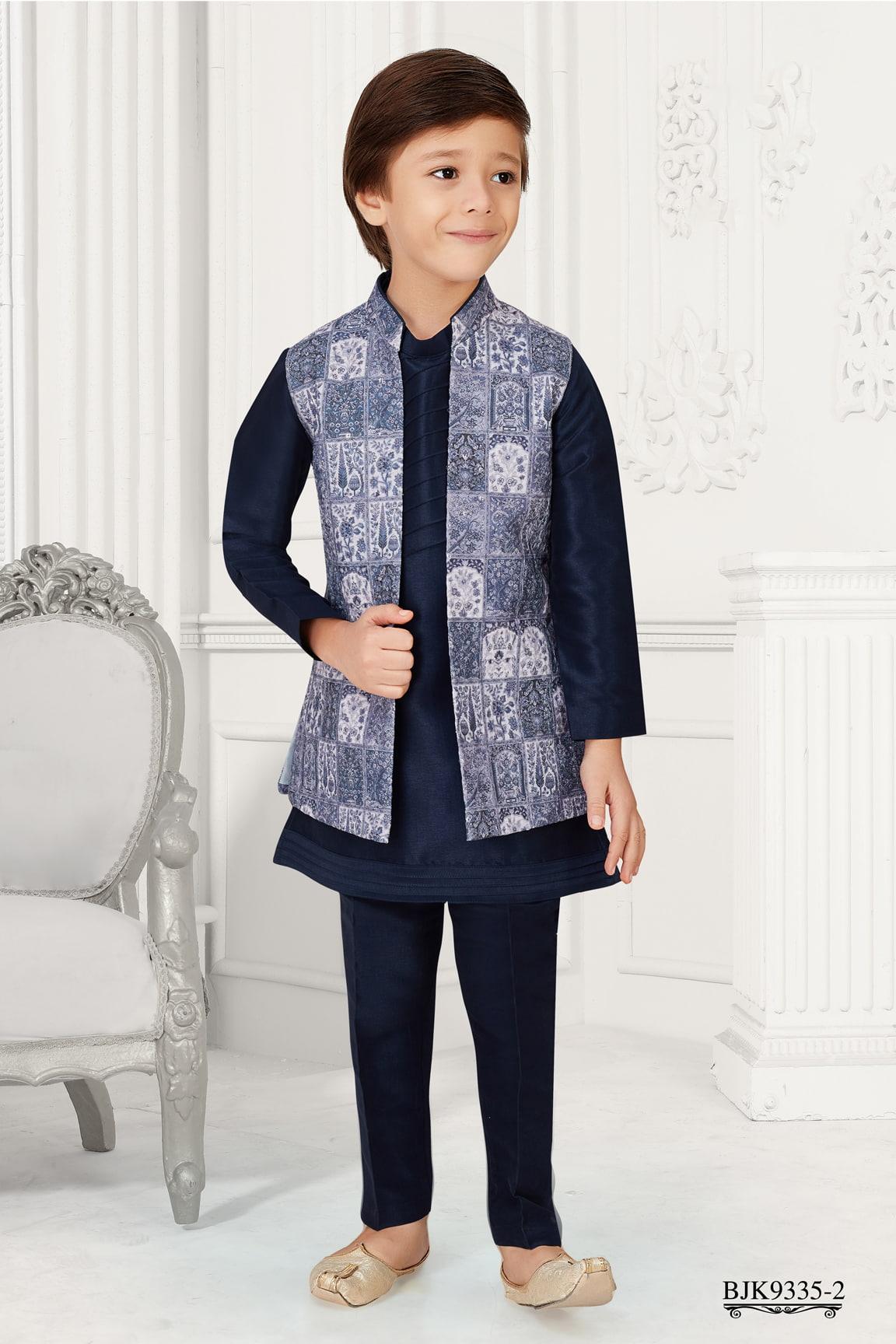 Navy Blue Kurta Set with Pastel Blue Waist Coat For Boys - Lagorii Kids