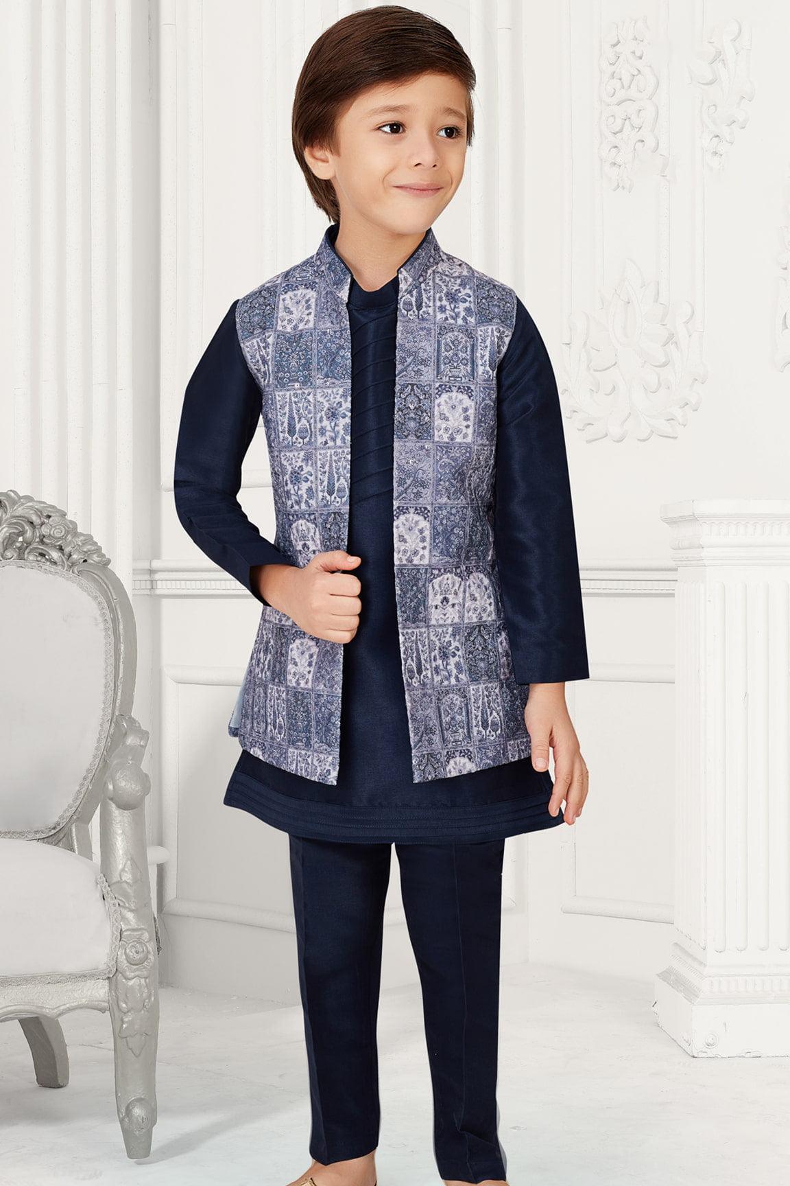 Navy Blue Kurta Set with Pastel Blue Waist Coat For Boys - Lagorii Kids