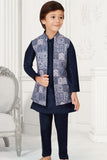 Navy Blue Kurta Set with Pastel Blue Waist Coat For Boys - Lagorii Kids