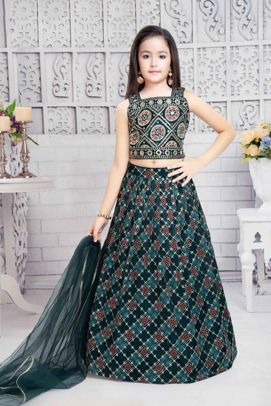 Navy Blue Lehenga With Embroidery For Girls - Lagorii Kids