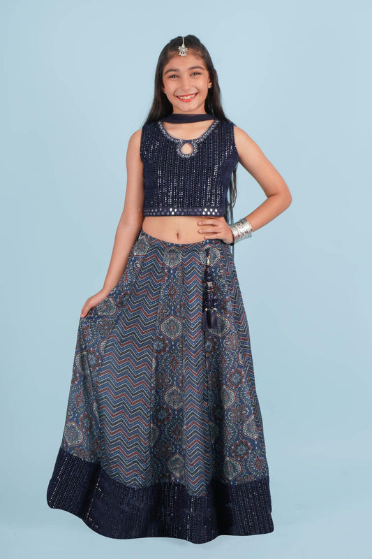 Navy Blue Sequins Lehenga Choli Set with Dupatta - Lagorii Kids