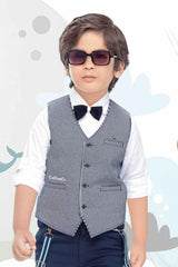 Navy Blue Waist Coat Set With White Shirt And Bow For Boys - Lagorii Kids