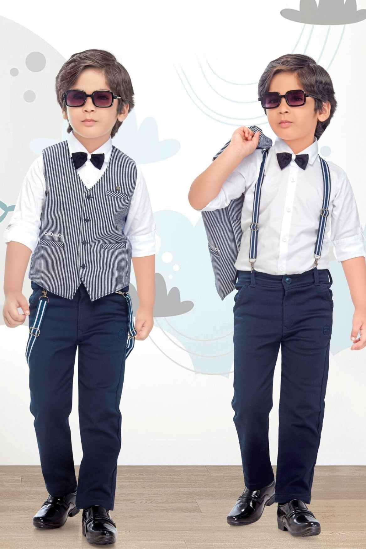 Navy Blue Waist Coat Set With White Shirt And Bow For Boys - Lagorii Kids