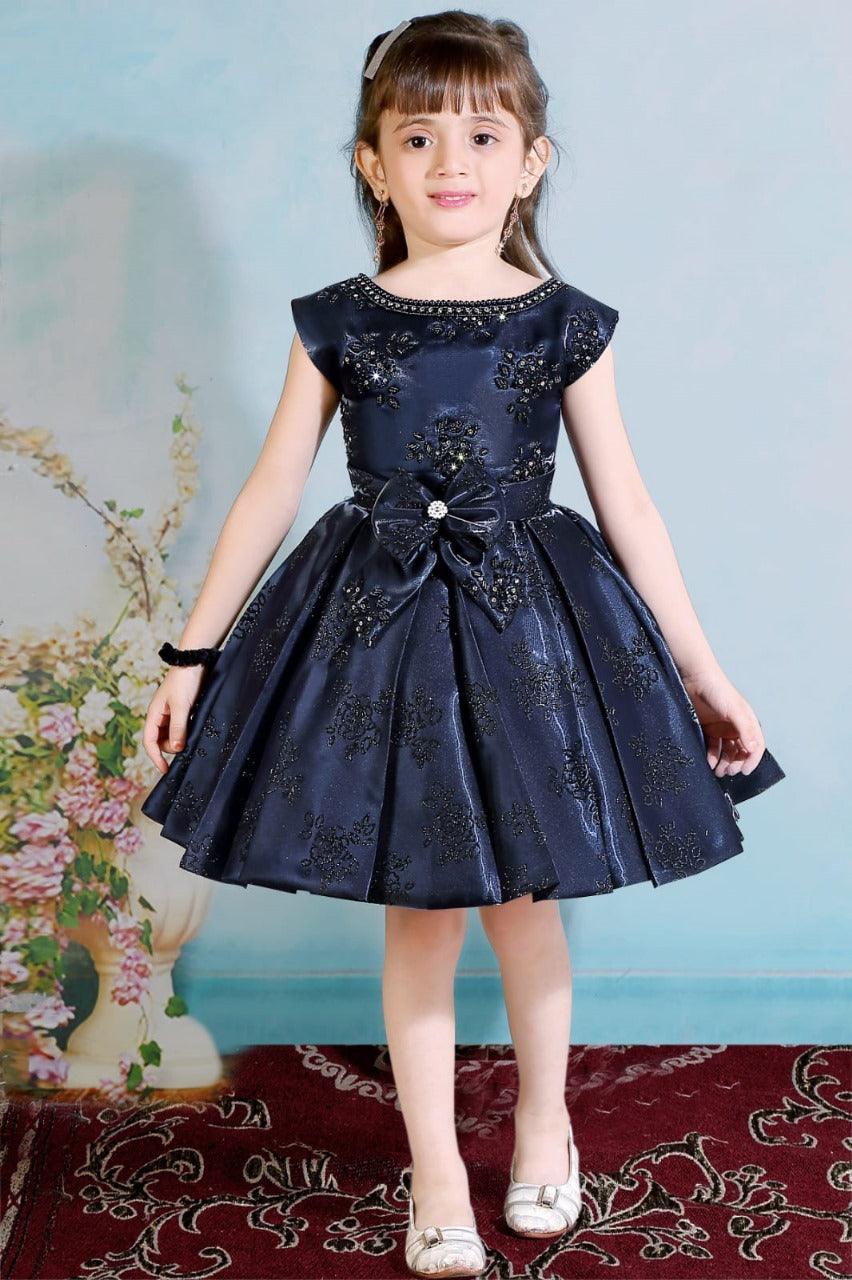 Navy Embellished Satin Frock For Girls - Lagorii Kids