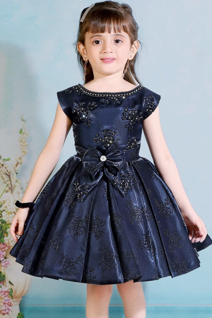Navy Embellished Satin Frock For Girls - Lagorii Kids
