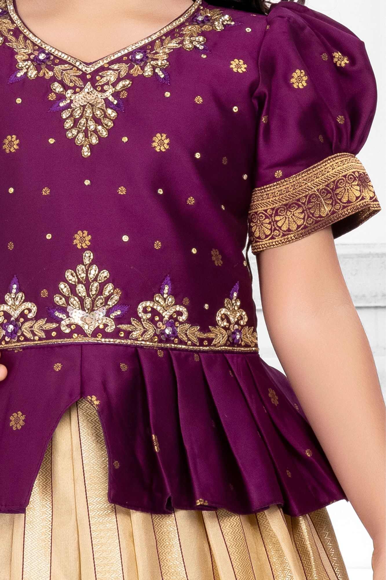 Wine Pattu Pavadai Set with Gold Embroidery For Girls