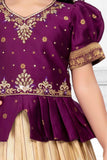Wine Pattu Pavadai Set with Gold Embroidery For Girls