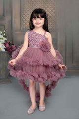 Onion pink layered frill frock with a ruffle flower at the waistline. | Tailback - Lagorii Kids
