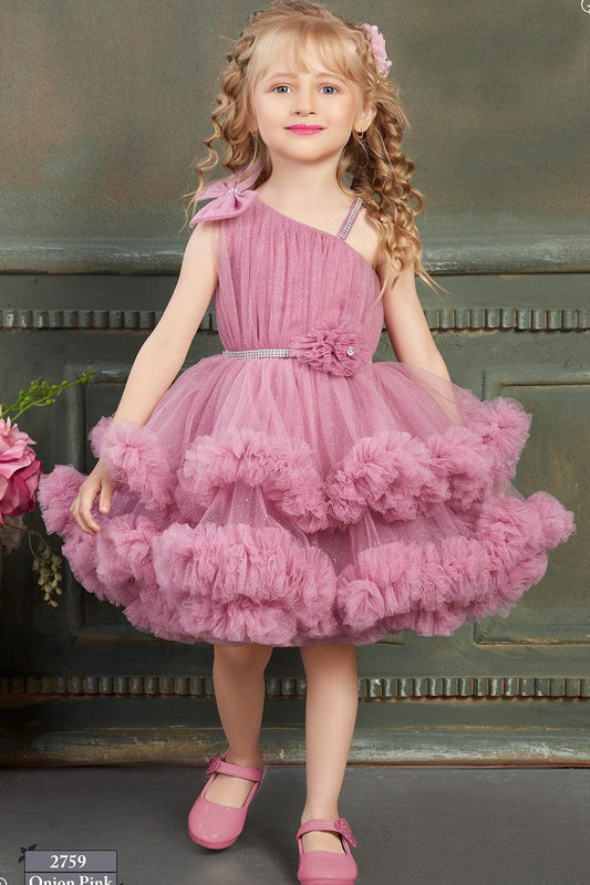 Onion Pink one side shoulder ruffle frock for Girls (with attachable tailback) - Lagorii Kids