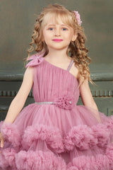 Onion Pink one side shoulder ruffle frock for Girls (with attachable tailback) - Lagorii Kids