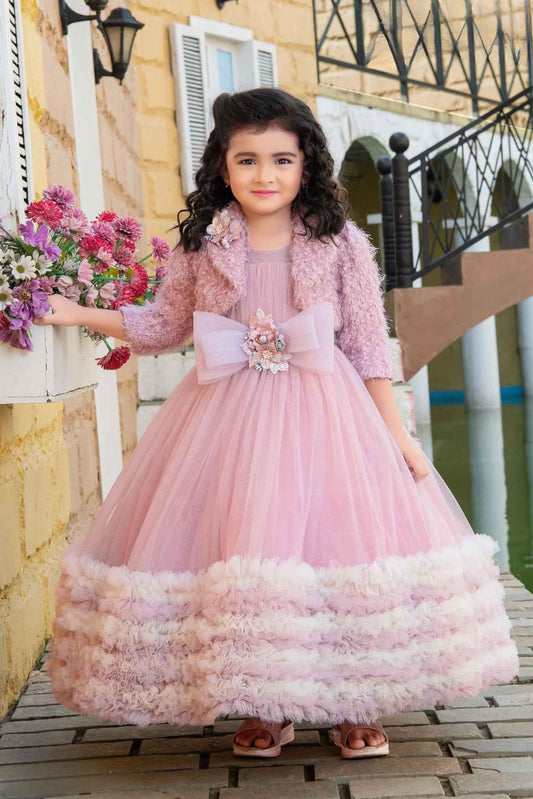 Onion Pink Ruffle Gown With Bow Embellishment And Overcoat For Girls - Lagorii Kids