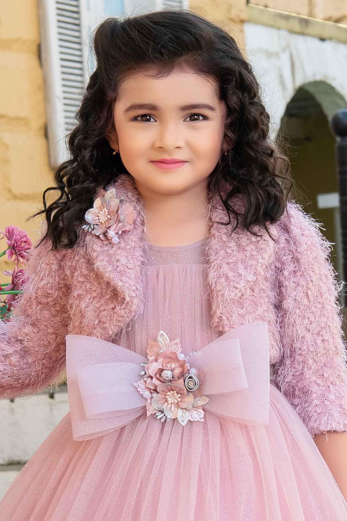 Onion Pink Ruffle Gown With Bow Embellishment And Overcoat For Girls - Lagorii Kids