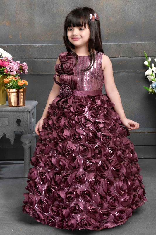 Onion Pink Sequin Designer Party Gown With Flower Embellishment For Girls - Lagorii Kids
